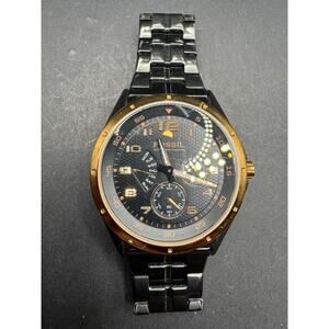 Vintage Fossil Blue 100M WR Watch BQ-9348 Stainless Steel Day Date Black Face